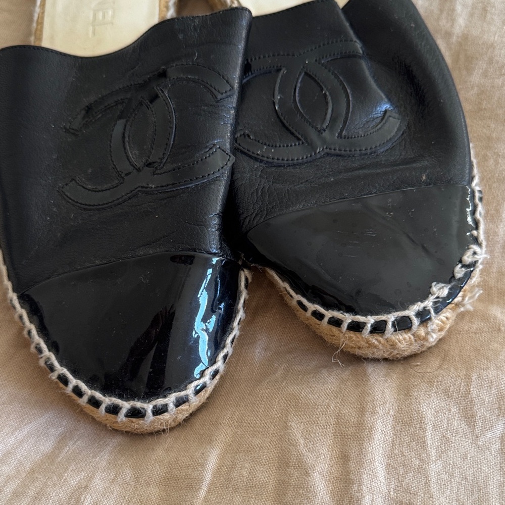 CHANEL Black Leather Espadrille Mules